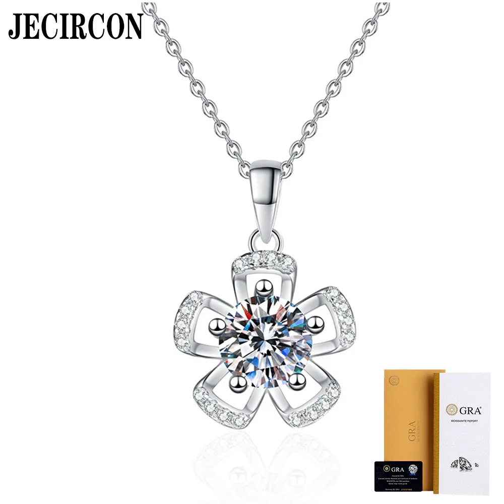 

JECIRCON S925 Sterling Silver Necklace Moissanite Pendant Light Luxury Flower Original 1 Carat D Color Moissanite Clavicle Chain