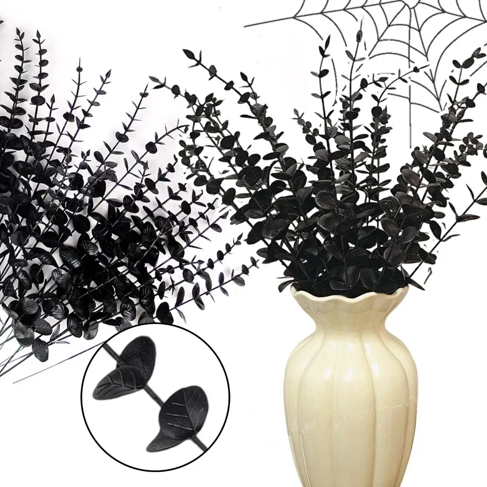 هالوين محاكاة فرع الأوكالبتوس الأسود باقة زهور اصطناعية الشكر البلاستيك الأوكالبتوس ينبع ديكور للطاولات الطرف #6