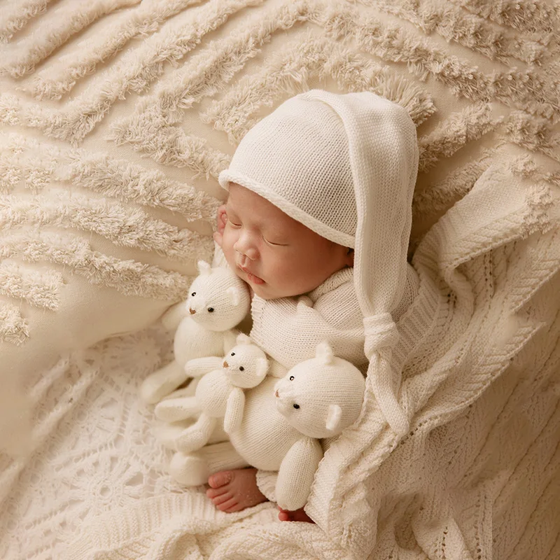 0-1 Month Baby Girl Photography Outfit Props Knitted Jumpsuit Hat Bear Doll Newborn Posing Pillow Studio Infant Photoshoot Props