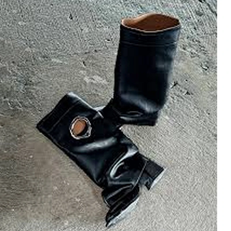 

Black Suede Metal Cutout Knee-High Chunky-Heeled Trouser Boots Woman Winter 2026 Apricot Slip-On Square Heel Boots Fashion Shoes