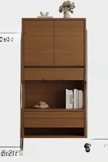 

Solid wood TV side cherry wood bookcase, retro bucket cabinet, all solid wood storage cabinet integrated against the wall