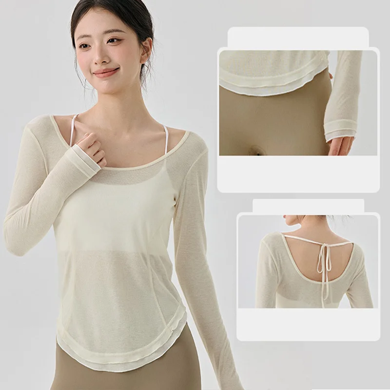 PofyBofy Mesh Sheer Yoga Long Sleeve Low Back Soft Yoga Shirt See Through Slim Fitted Going Out Tops Trendy Shirts Scoop Neck