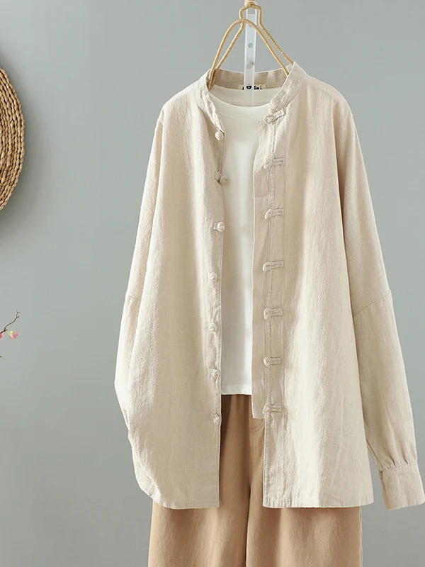 レトロスタイルの女性用コットンリネンルーズフィットシャツカジュアルアウターウェア長袖ボタンアップ茶道服芸術的な禅スタイル