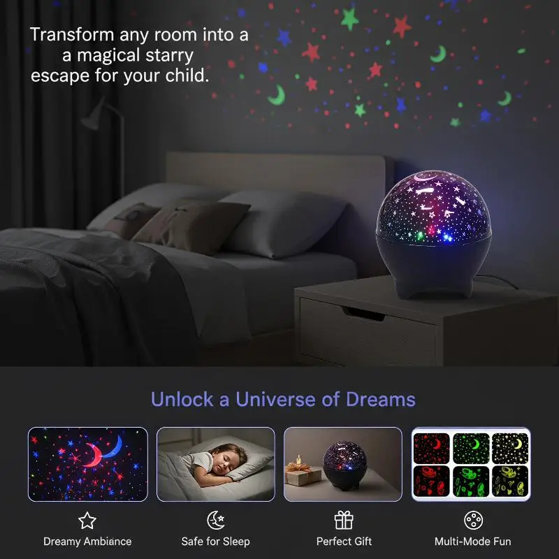LED Starry Sky Galaxy Projector Auto Color Changing USB Powered Night Light for Bedroom Home Party Decoration