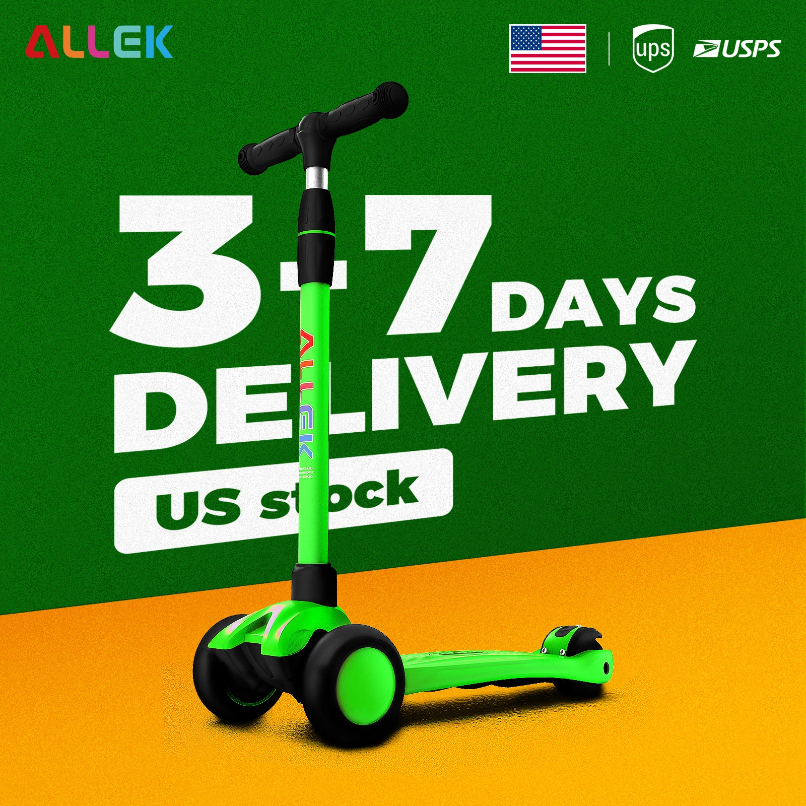 

Allek Children Scooters 3-Wheeled Self-balancing Kick Scooter for Kids 3-12yrs Adjustable Height Non-slip Grip Lime Green Scoote