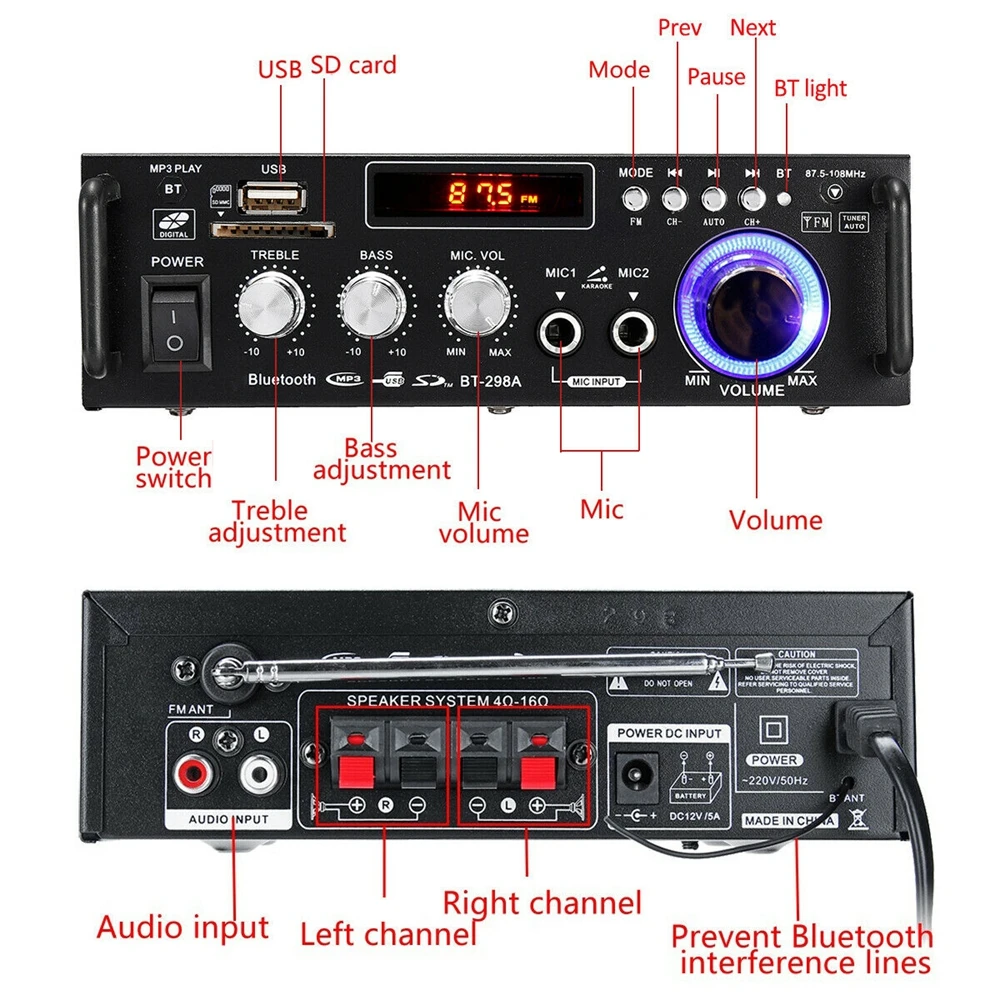 NEW 12V-220V Bluetooth Amplifier 300W+300W USB HiFi Stereo Digital Car Audio With Remote Control USB SD FM Mic Car Home Theater