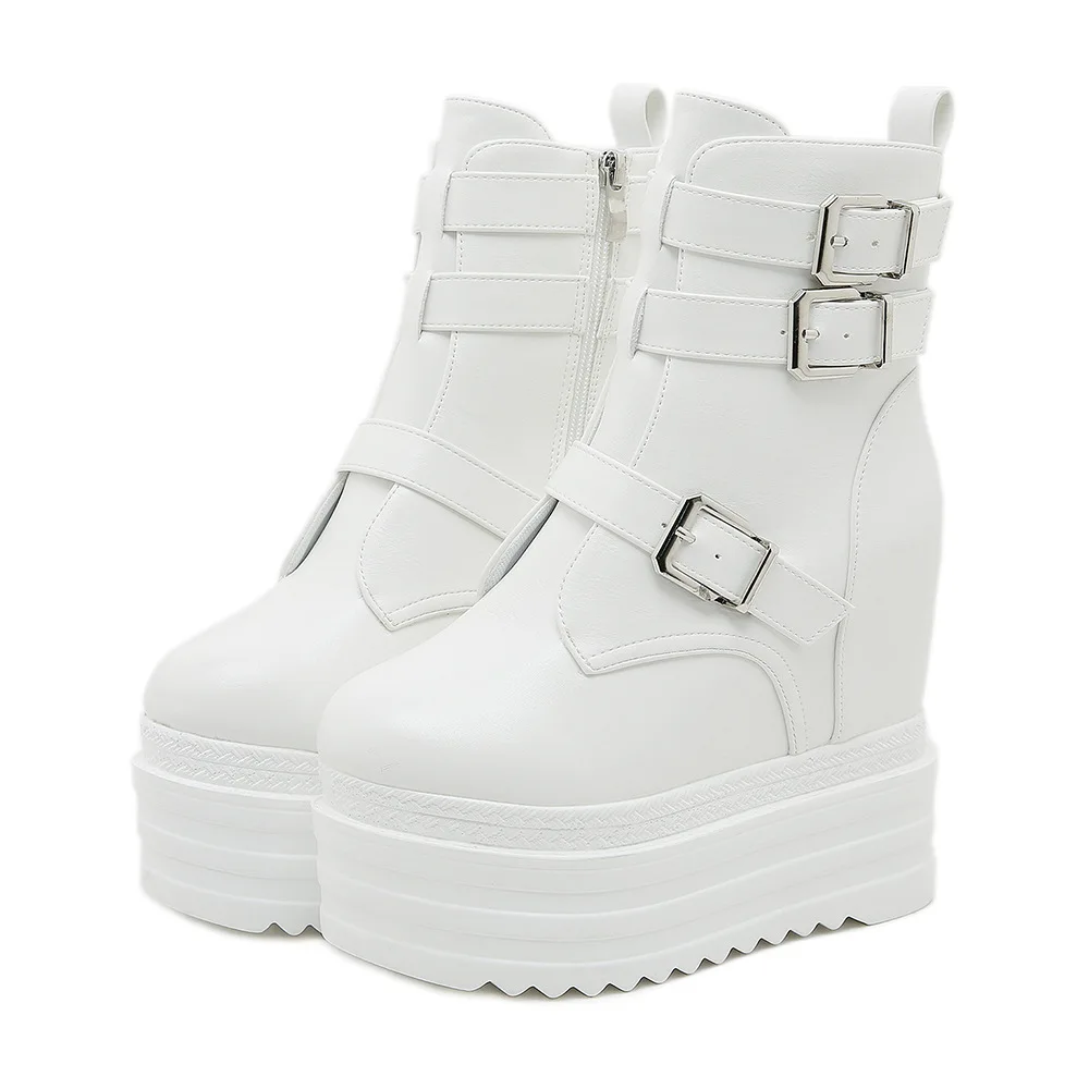 

Women 13cm Wedge Mid Calf Boots Thick Platform Sole Height Increasing Ankle High Boots Black White Buckle Waterproof Winter 2026