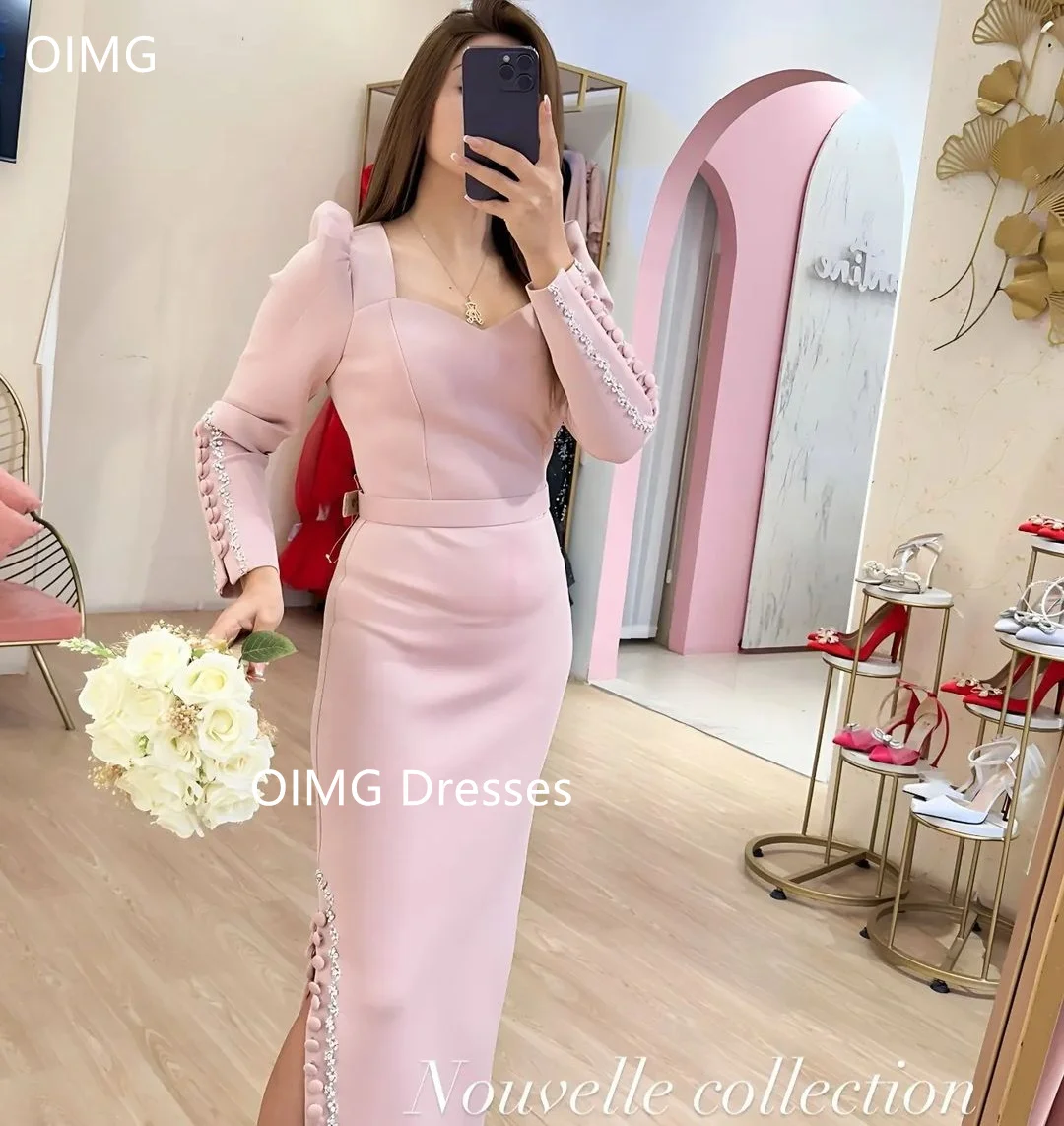 OIMG Fashion Saudi Crystals Buttons Vintage Prom Dresses Mermaid  Long Sleeves Pink Sweetheart Evening Gowns Formal Party Dress