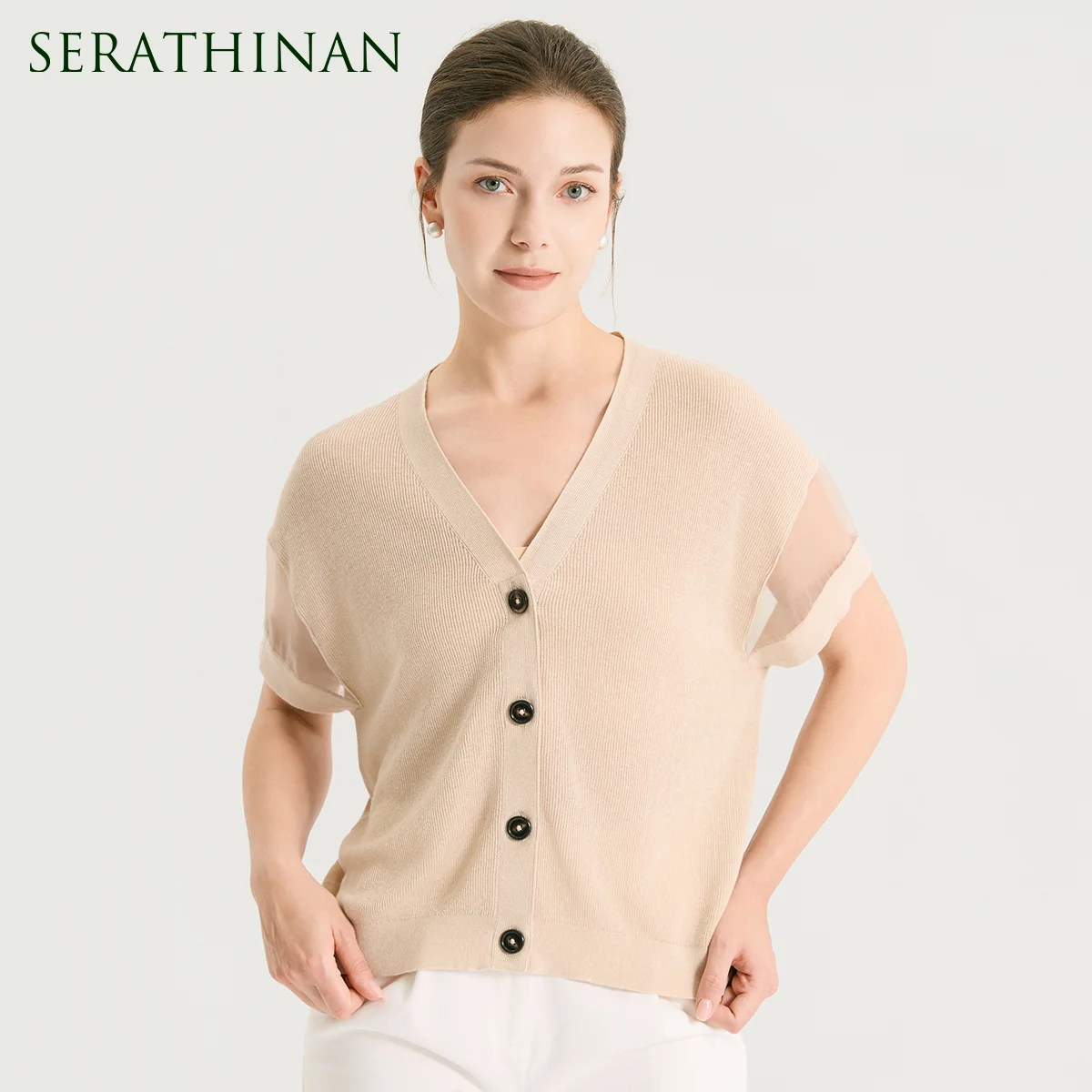 

BY4611484 Designer Style V-Neck Knit Cardigan Women's Luxury Linen Silk Fabric Short Sleeve Slim Fit Elegant Runway Sweaters