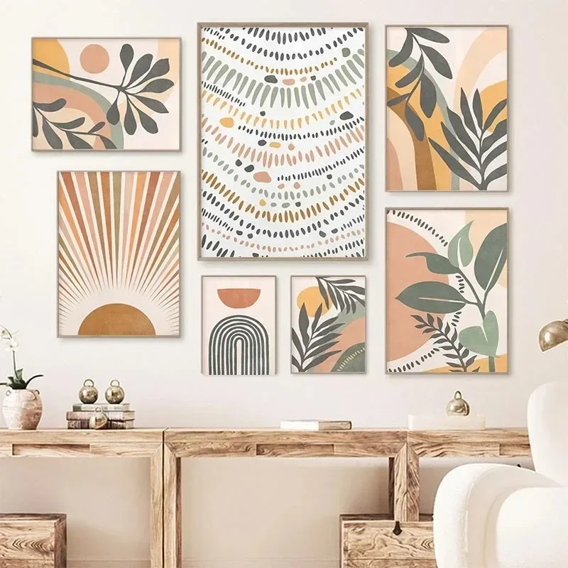 بوهو مجردة ورقة Monstera قوس قزح الشمس جدار الفن الملصقات الحد الأدنى طباعة قماش اللوحة لغرفة المعيشة ديكور المنزل الحديث