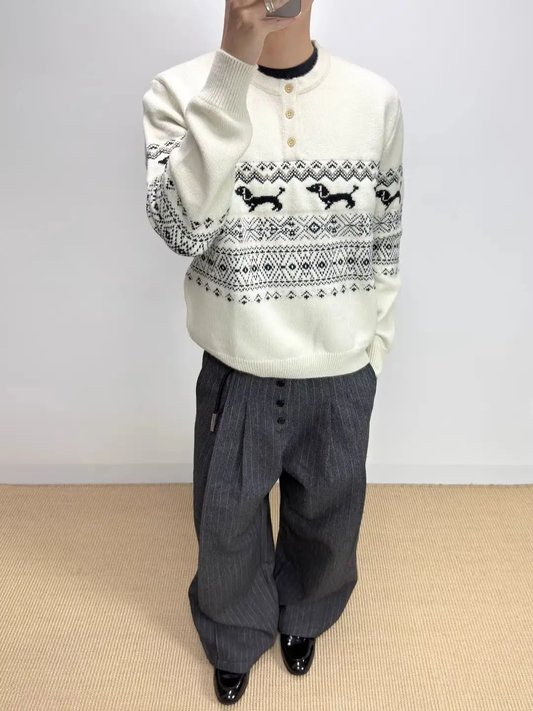 Men Women Dachshund Fair Isle Sweater Unisex Henry Neck Button Placket Casual Autumn Winter Soft Warm Knit Pullover Outerwear