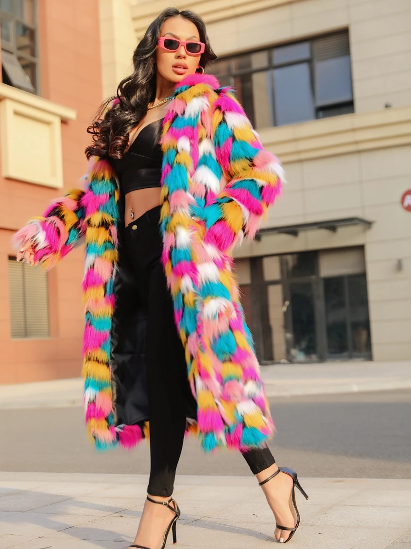 Elegant Directional Faux Fur Coat Fashion Personality Rainbow Long Women'S Artificial Turf Coat