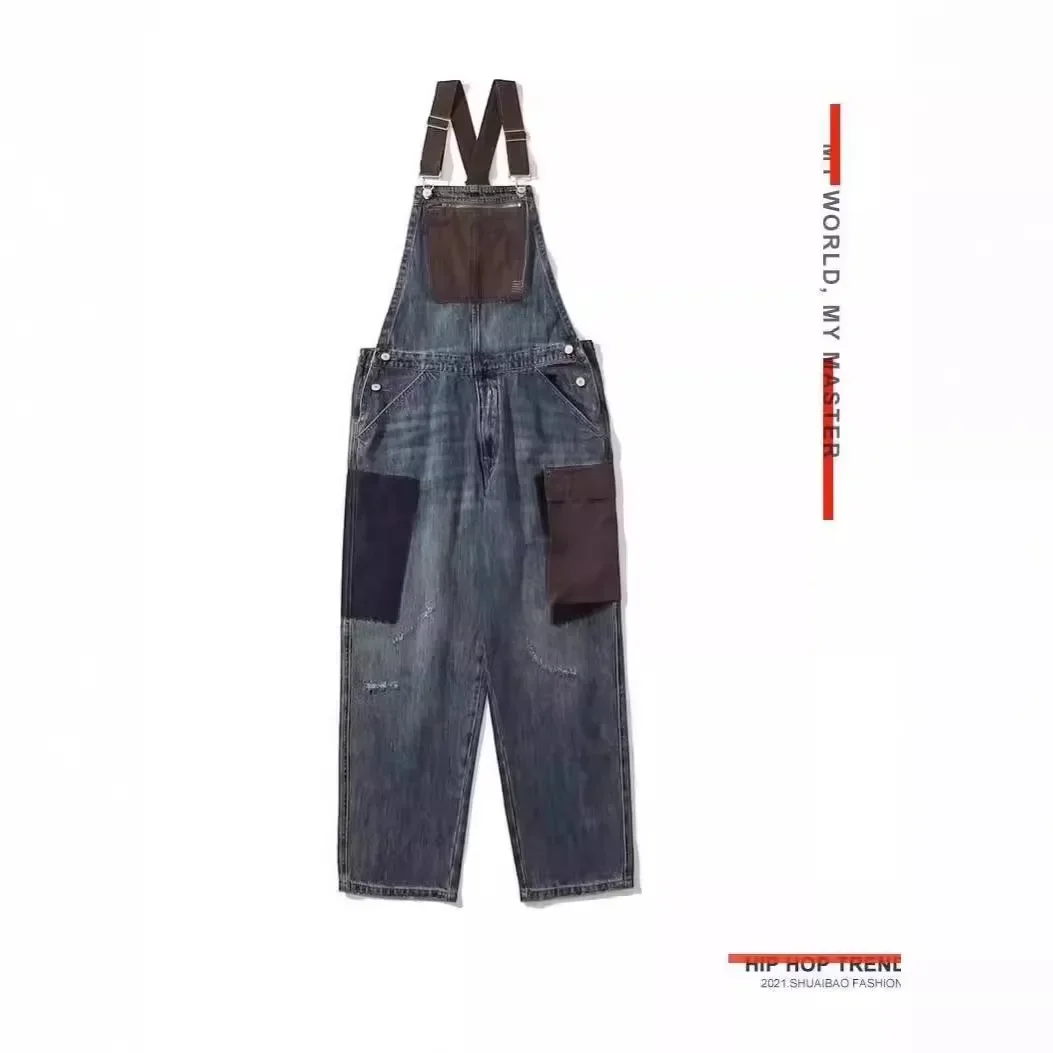 Four Seasons Men’s Japanese Vintage Washed Retro Blue Cargo Overalls Jeans Contrast Multi Pocket Denim Trousers Male Streetwear