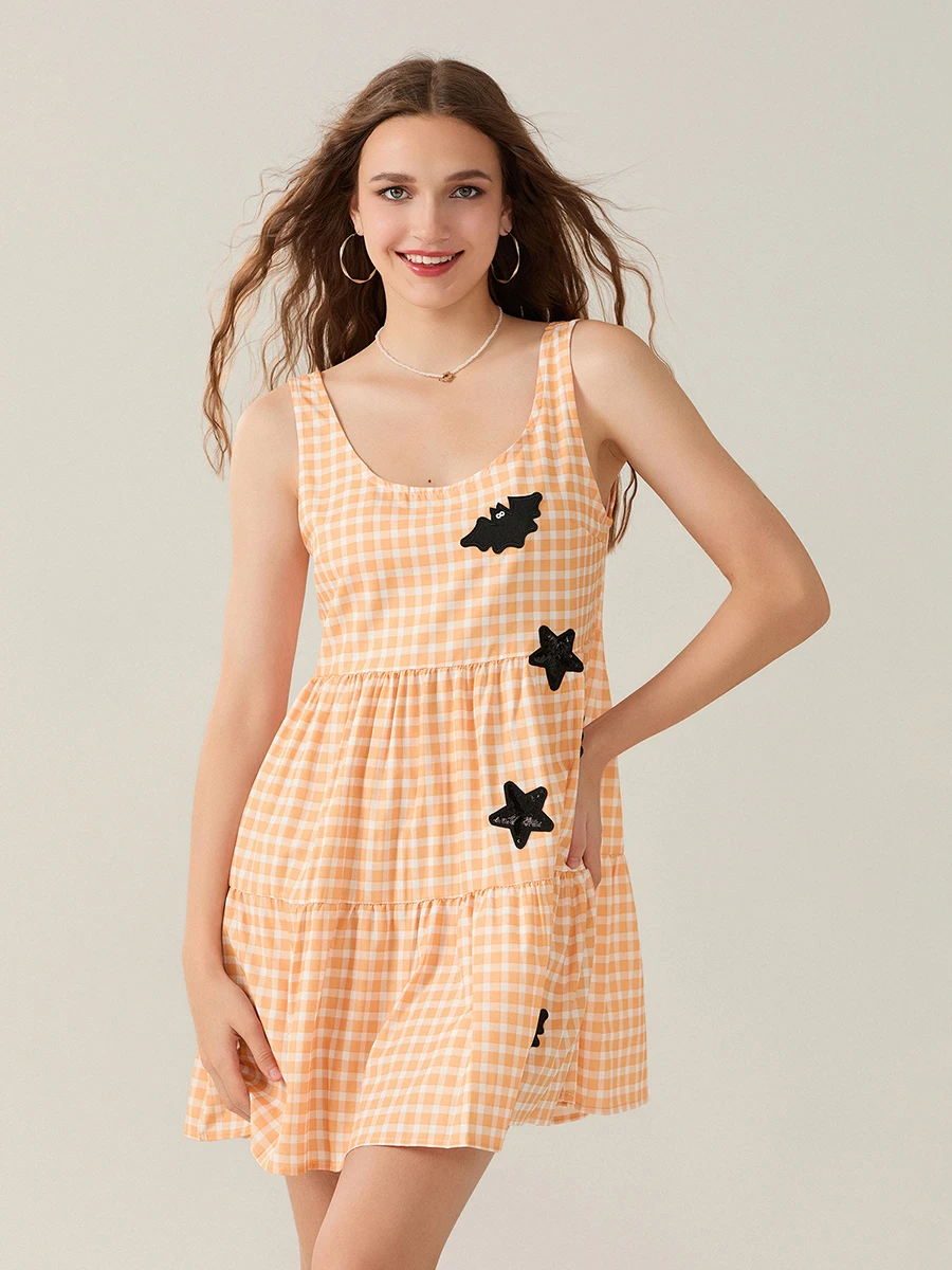 Mini abito da donna senza maniche con scollo a U, pipistrelli scozzesi, abito a canotta con stella, abito estivo a trapezio