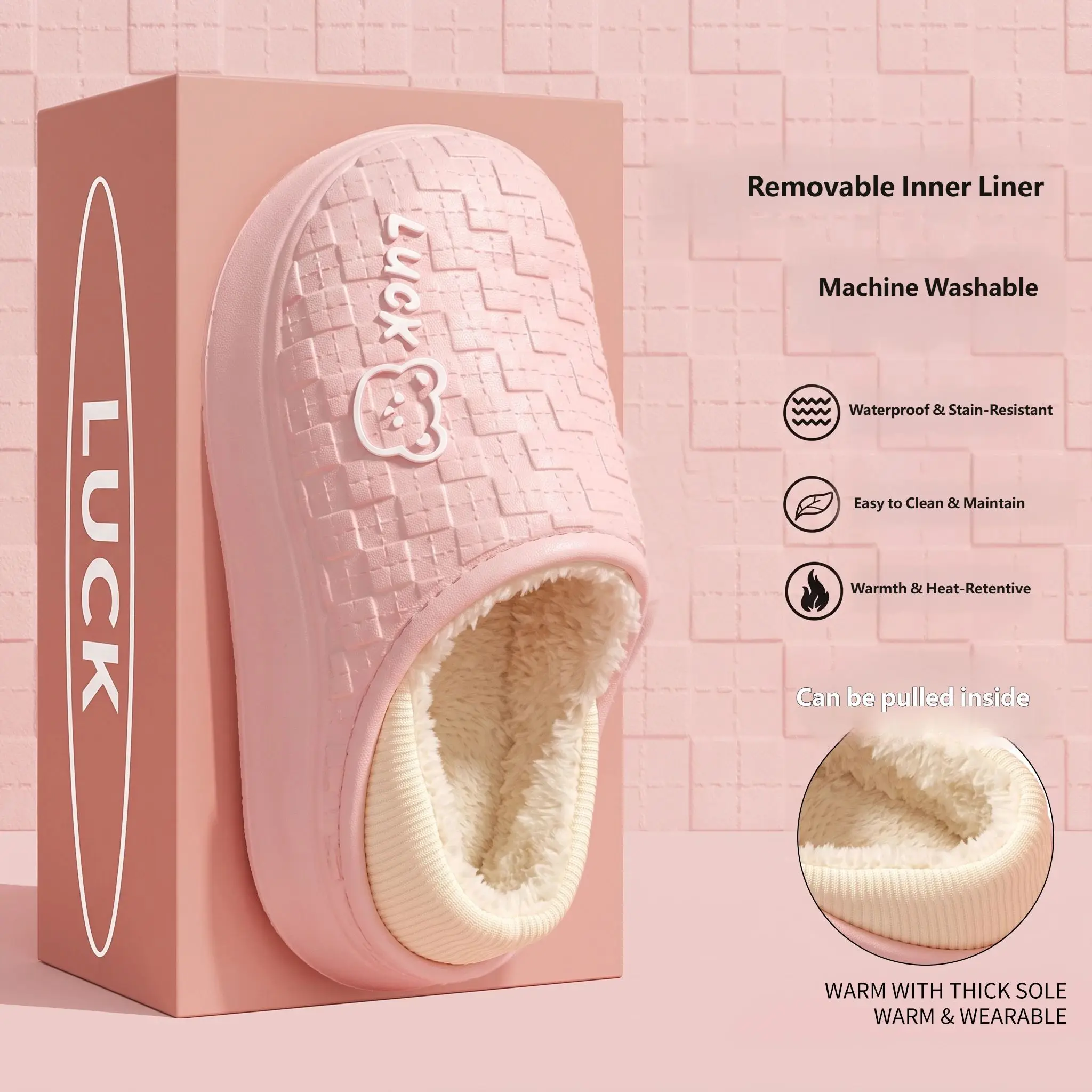Cute Bear Print Warm Slippers Dual-Wear Waterproof EVA Winter House Shoes with Removable Machine Washable Lining Anti-Slip