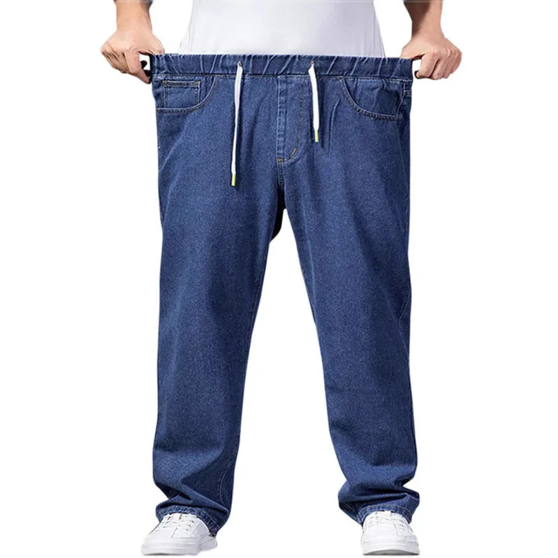 Men Jeans Straight Wide Leg Pants Washed Elastic Waist Drawstring Trousers Pockets Vintage Distressed Streetwear Male Denims