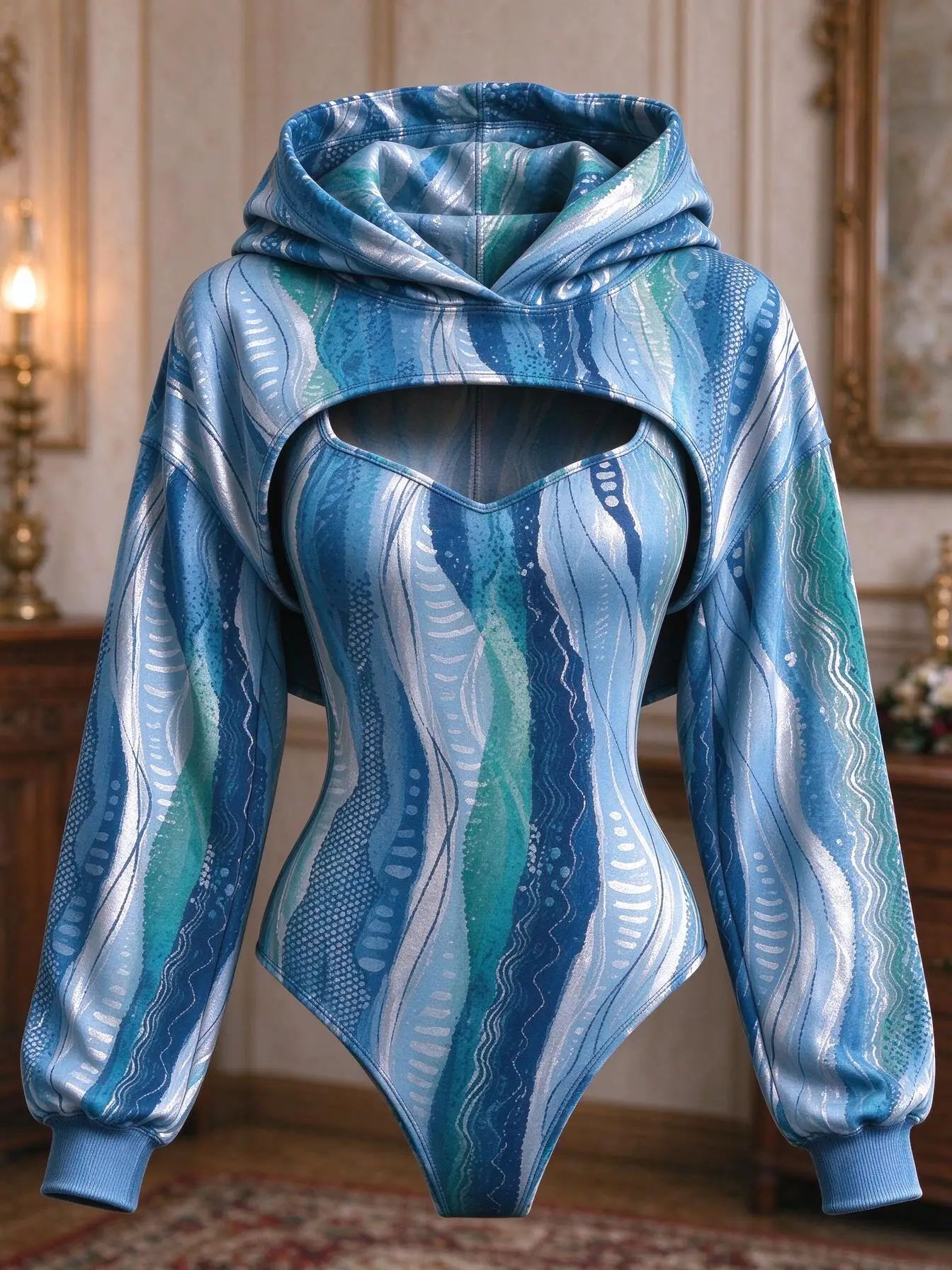 Women Retro Gradient Stripe Print Double Hood Bodysuit Hollow Out Long Sleeve Hoodie