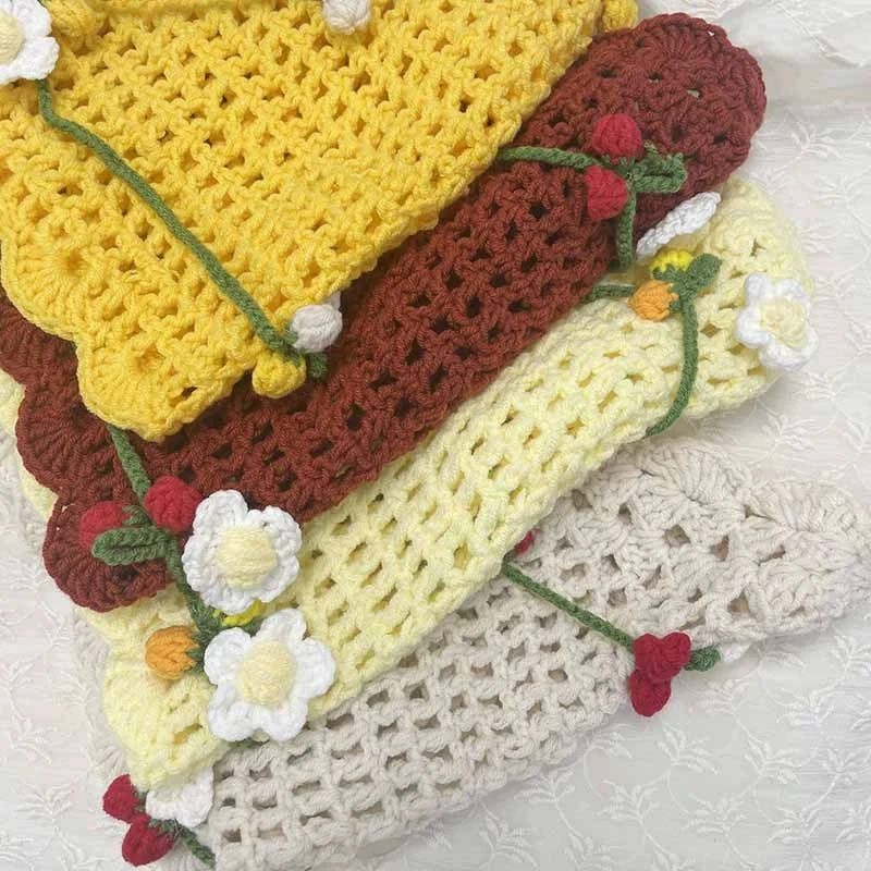 Französischer pastoraler Stil, gestricktes, florales Dreieck-Kopftuch für Mädchen, personalisiertes Kopftuch für Fotoshootings mit Bindeband, 3D-Blumen-Haarband – Detail 3