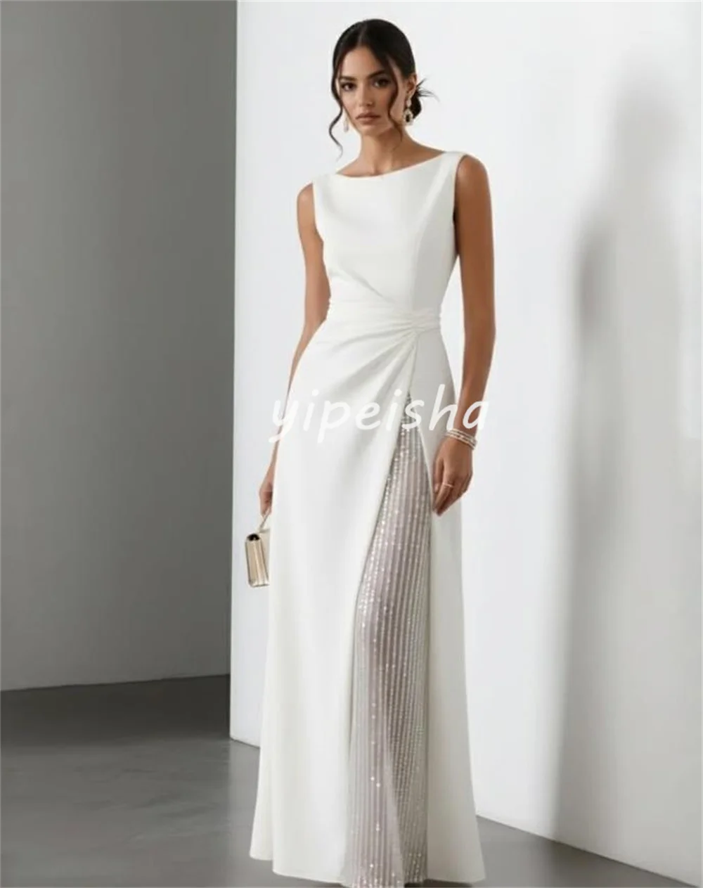 Maßgeschneiderte formelle passende Jersey-Kleider, drapiert, mit Perlen verziert, Pailletten, A-Linie, U-Ausschnitt, lange Kleider, Abendkleider, exquisite hohe Qualität