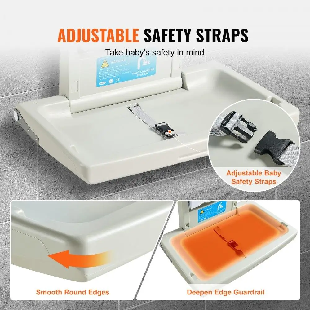 Commercial Baby Changing Station Wall Mounted Horizontal Foldable Diaper Table Safety Straps Hanging Rods Newborn & Infant