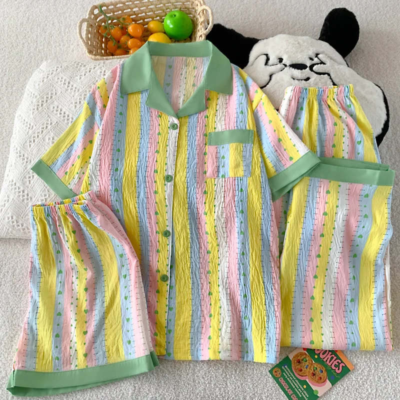 

Ins Stripe Three-Piece Woman Pajamas Set Print Spring Autumn Clouds Cotton Pyjama Short-Sleeved Pants Pijama Pjs Loungewear