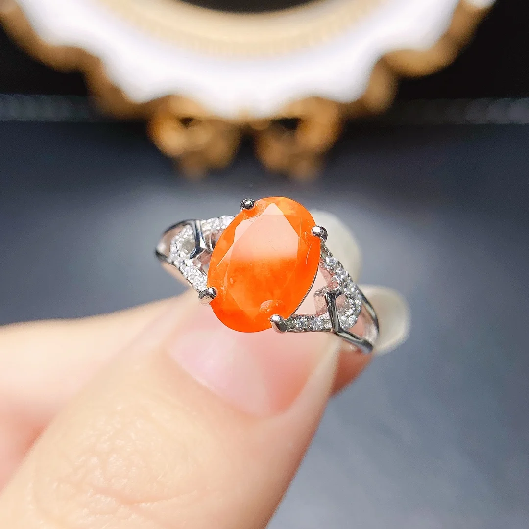 Oval 8x10mm Natural Orange Fire Opal Silver Ring in 925 Sterling Silver Engagement Promise Anniversary Rings For Women Gift