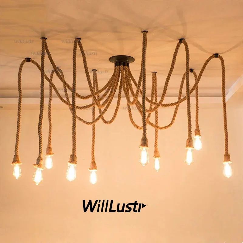 

Hemp Rope Pendant Lamp Industrial Twine Hanging Light Hotel Office Store Bar Booth Spider Suspension Ceiling Chandelier