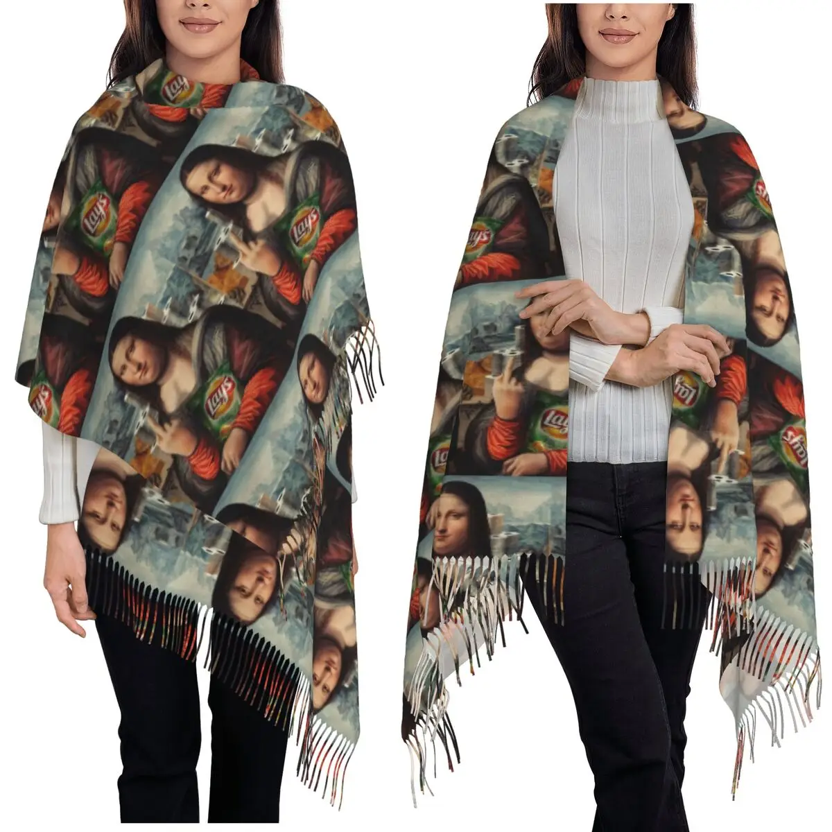 

Sexy Mona Lisa Leonardo Da Vinci Oil Painting Scarf Tassel Scarves Women Soft Warm Shawls and Wraps Long Fall Winter Shawl Wrap