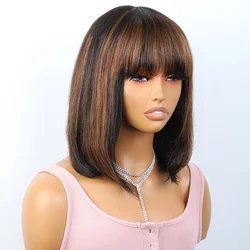 Peruvian Straight Bob Lace Wigs Straight Human Hair Wigs With Bangs Brown Fringe Middle Part Bob Lace Wigs Realistic Scalp