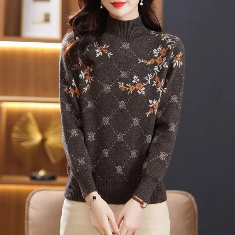 Women Sweater Pullovers Vintage Floral Print Jacquard Knit New Loose Thickened Chic Sweater for Women Short Tops Tide High Neck