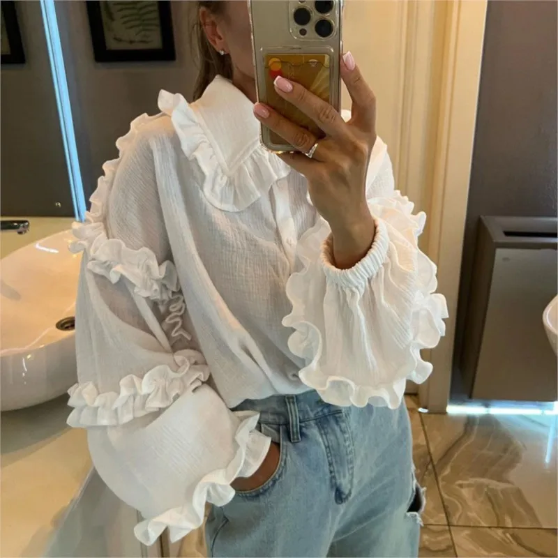 

White Ruffled Shirt For Women Fashion Casual Patchwork Single-breasted Lapel Long Sleeve Loose Outwear 2025 New Summer Shirts