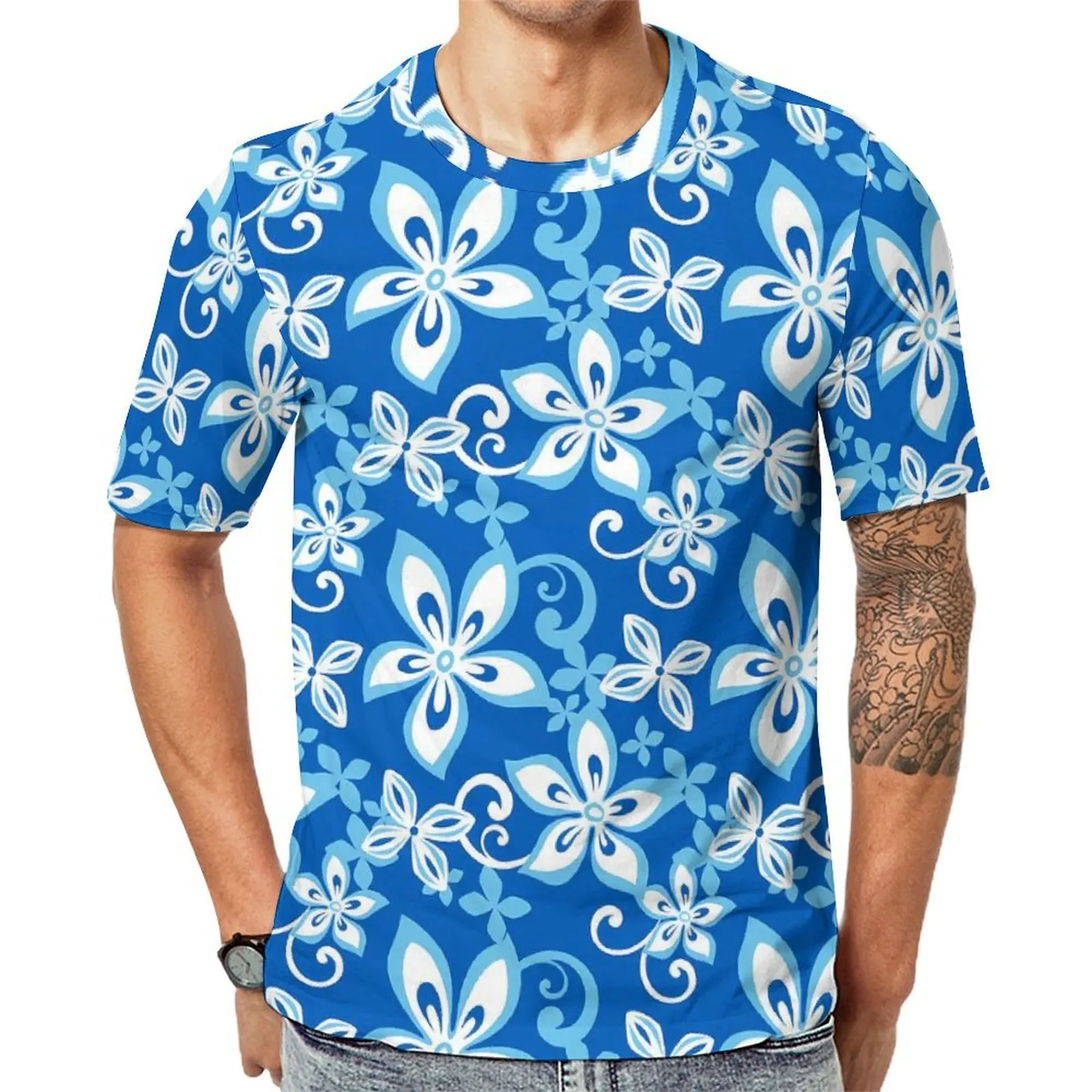 Men Tropical Floral T-Shirt Blue Hawaii Cool T-Shirts Short-Sleeve Custom Tops Dropshipping Summer Y2K Fun Oversized Tees