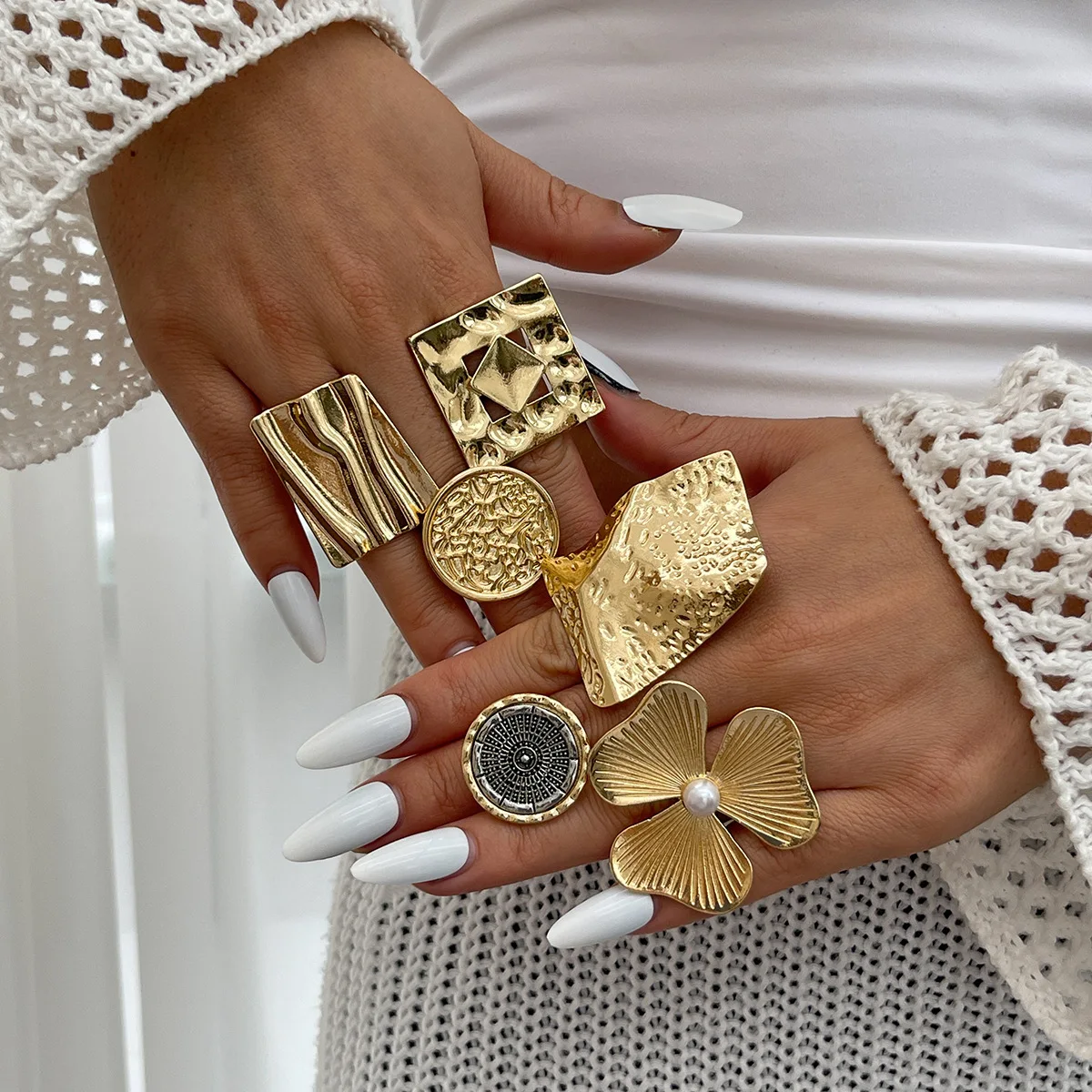 DIEZI Vintage Flower Geometric Knuckle Rings For Women Punk Vintage Fashion Gold Silver Color Imitation Pearl Joint Ring Jewelry
