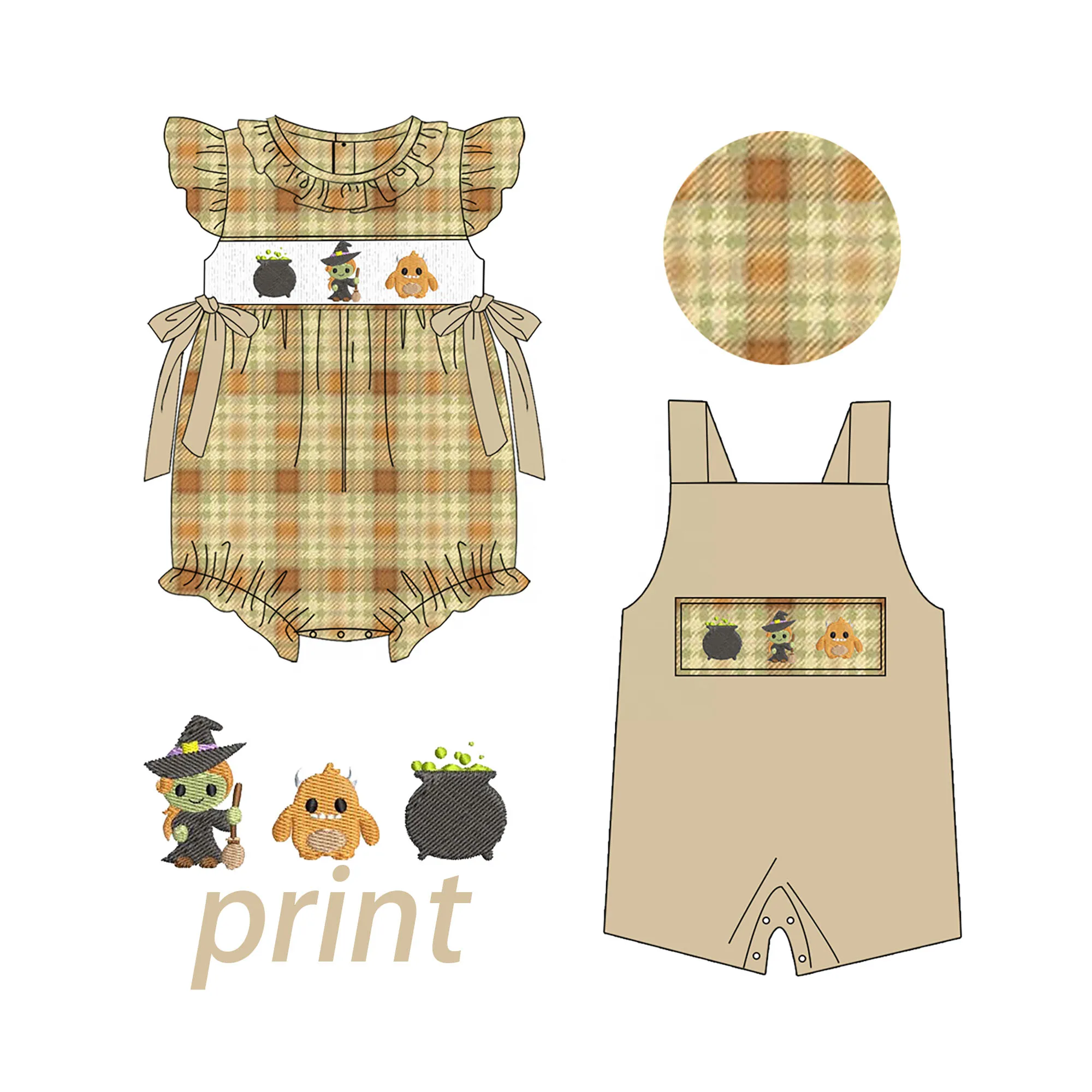 Toddler Baby Halloween Witch Monster Cauldron Set Baby Romper Plaid Ruffle Bow Sleeveless Overalls Kids Fall Outfit 5