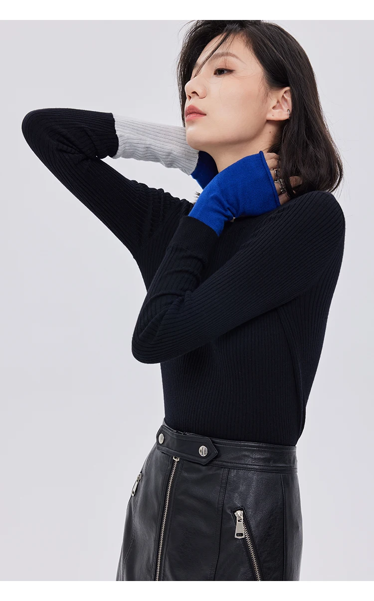 Spring and Autumn New Women's Knitted Sweater, Black Pullover Long Sleeved Base Sweater with Contrasting Color Splicing