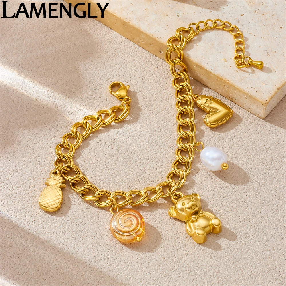 

LAMENGLY 316L Stainless Steel Summer New Style Pineapple Little Bear Heart Candy Pendant Bracelet For Women Trendy Hand Chain