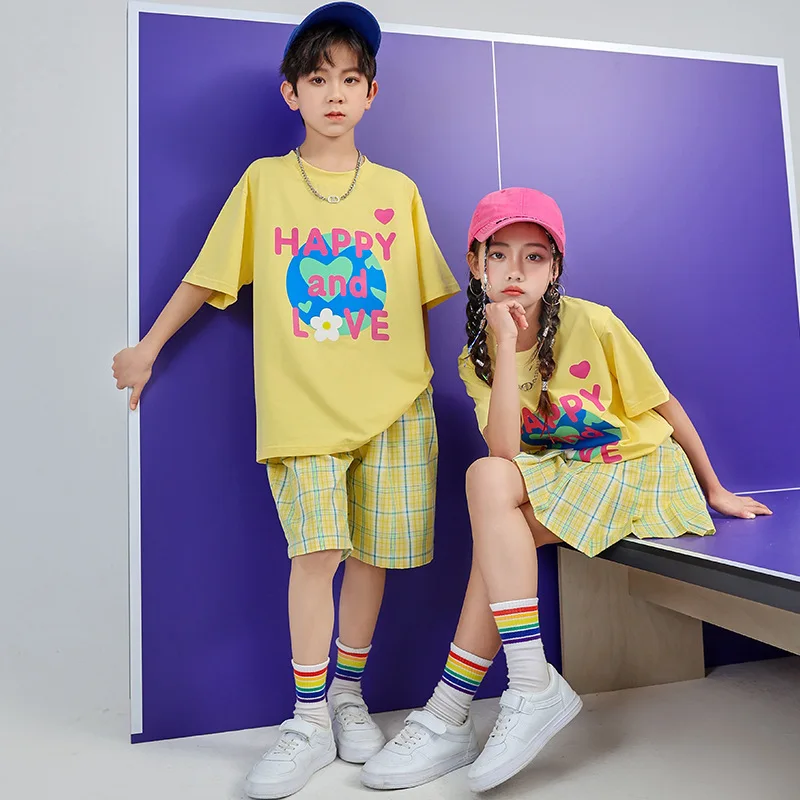 Neue Kinder Jazz Dance Kleidung Mädchen Kurzarm T-shirt Plaid Rock Hip Hop Dance Outfit Kinder Cheerleading Zeigen Kostüme