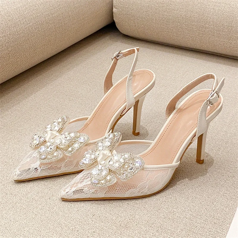 

Aneikeh Elegant Butterfly-knot Mesh Women Pumps Slingbacks Thin High Heels Shoes Fashion Buckle Strap Banquet Sandals