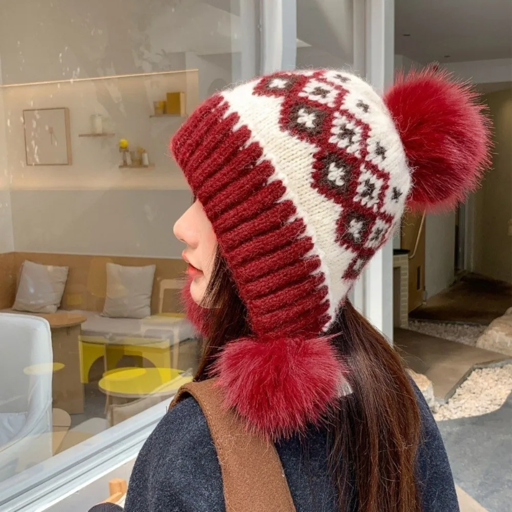 Polyester Fair Isle Trapper Hat Large Head Circumference 56cm To 58cm Winter Knitted Hat Faux Fur Pom Hat Cold Weather Wear