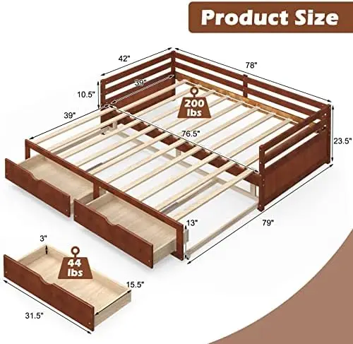 Wood Daybed with Trundle, Twin to King Extendable Daybed with 2 Storage Drawers, Dual-use Modern Day Bed for Teens