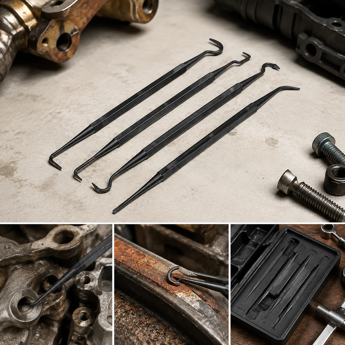 4Pcs Double Ended Nylon Hook Pick Tools, Black Precision Cleaning Picks for Rust, Dirt, Gaps and Detail Maintenance