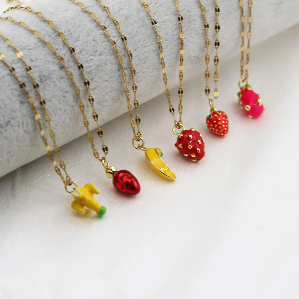 Fashion Cute Vegetable Carrot Fruit Banana Strawberry Fruit Zircon Enamel Charms Dripping Oil Long Clavicle Choker Jewelry Gift 