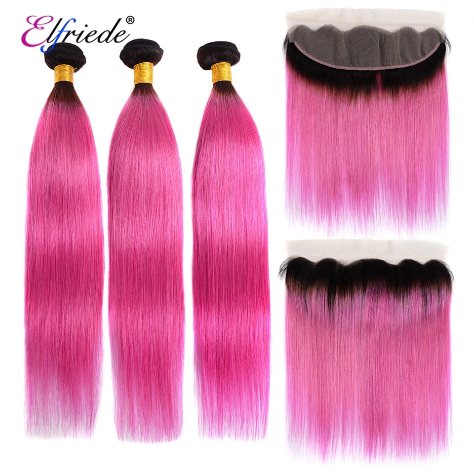 Elfriede 1B/Rose Red Straight Precolored Hair Bundles with Frontal 100% Human Hair Sew In Wefts 3 Bundles with Lace Frontal 13x4