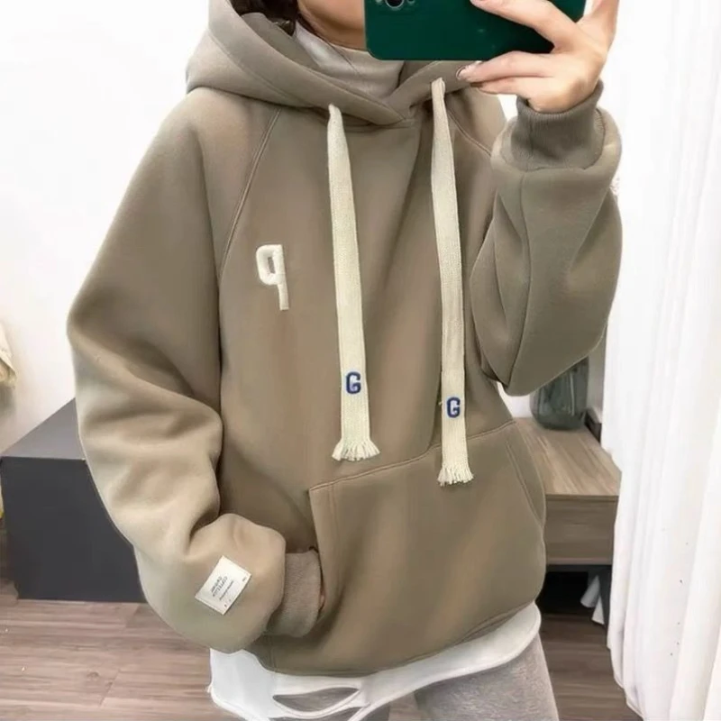 Women Hoodie Cotton Fleece Lined Letter Embroidered Loose Warm Pullover Sweatshirt Winter Casual Streetwear Tops
