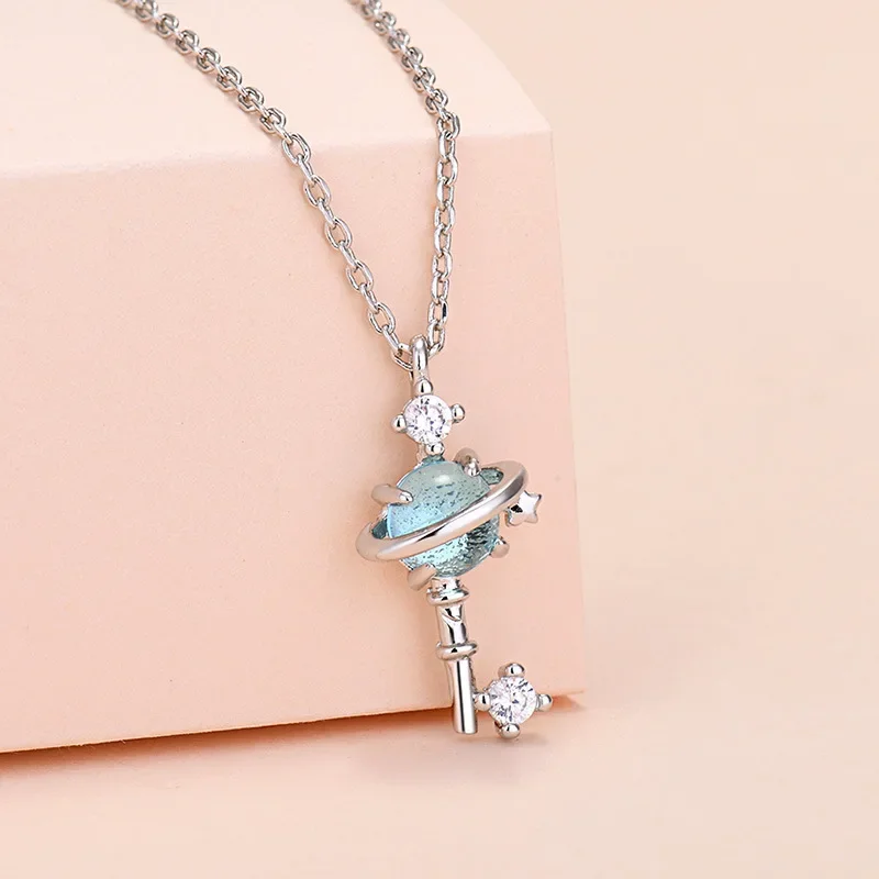 Celestial Crystal Key Necklace Women Small Global Pendant Party Ornament Jewelry Gift for Girls