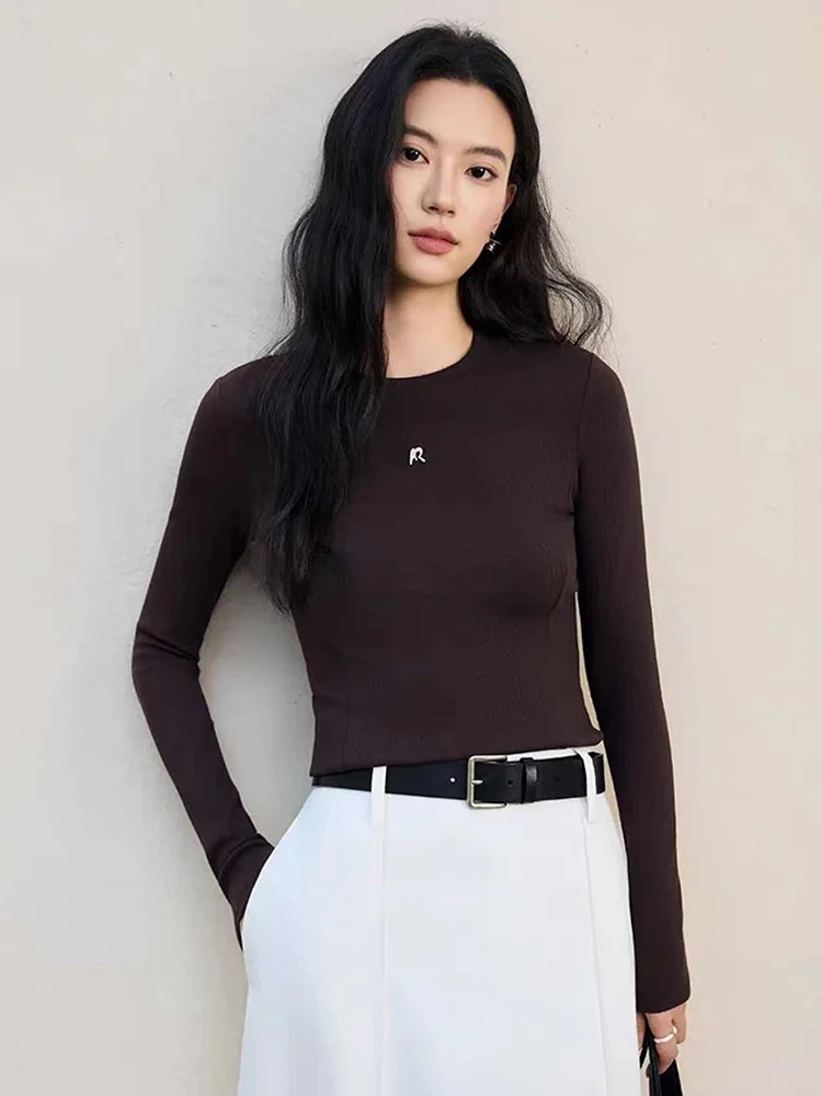 Spring Women Letter Short T-Shirt, Slim Waist,Combed Cotton Long-Sleeve Stretch Ribbed Tops