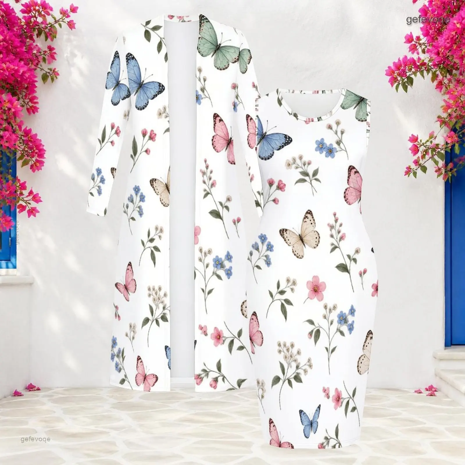 Women Daisy Bee Printed Two Piece Set, Long Sleeve Open Front Cardigan and Sleeveless Bodycon Dress