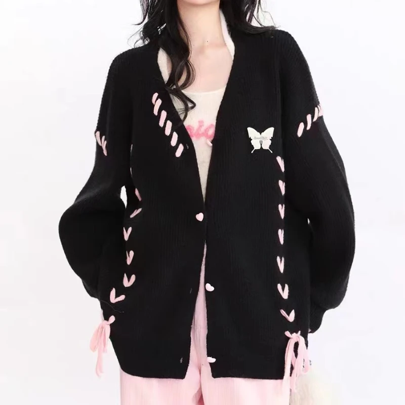 

Thick Embroidered Knitted Cardigan Sweater for Women Autumn and Winter V-neck Love Strap Loose Top Fashionable Street Style Coat