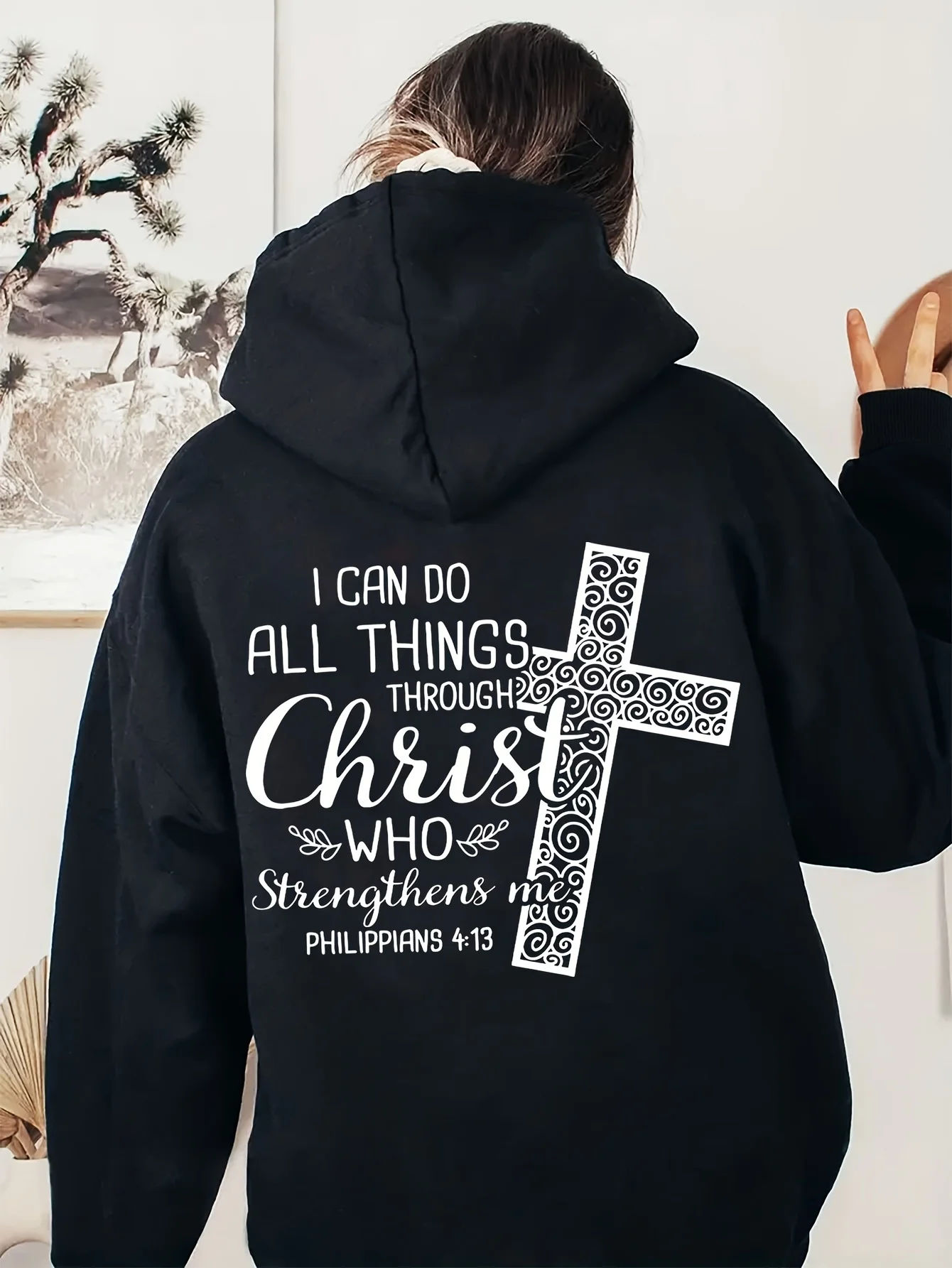 

Женская осенне-зимняя простая толстовка с буквенным принтом и крестообразным узором, флисовая толстовка с карманом и шнурком, удобная, большого размера