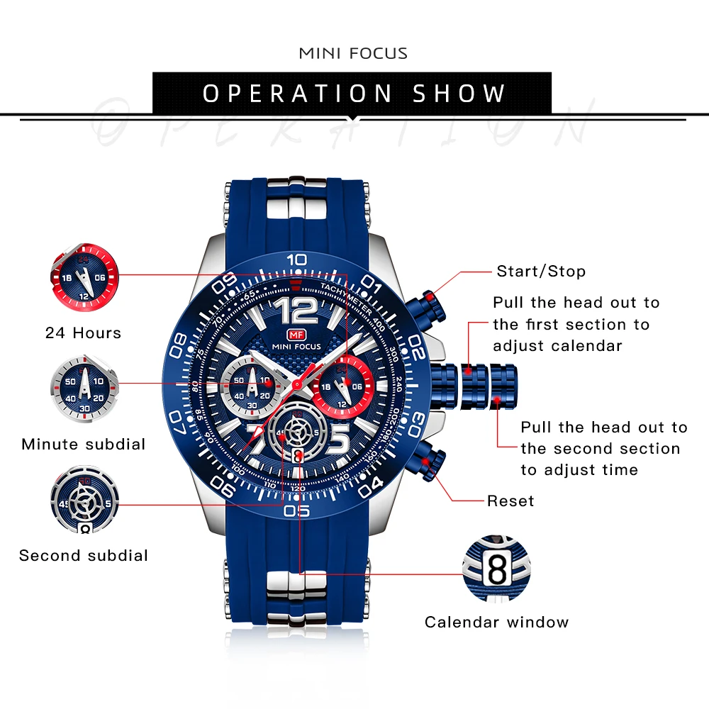 MINI FOCUS Men's Quartz Watches Waterproof Chronograph Silicone Wristwatch Reloj 0290G